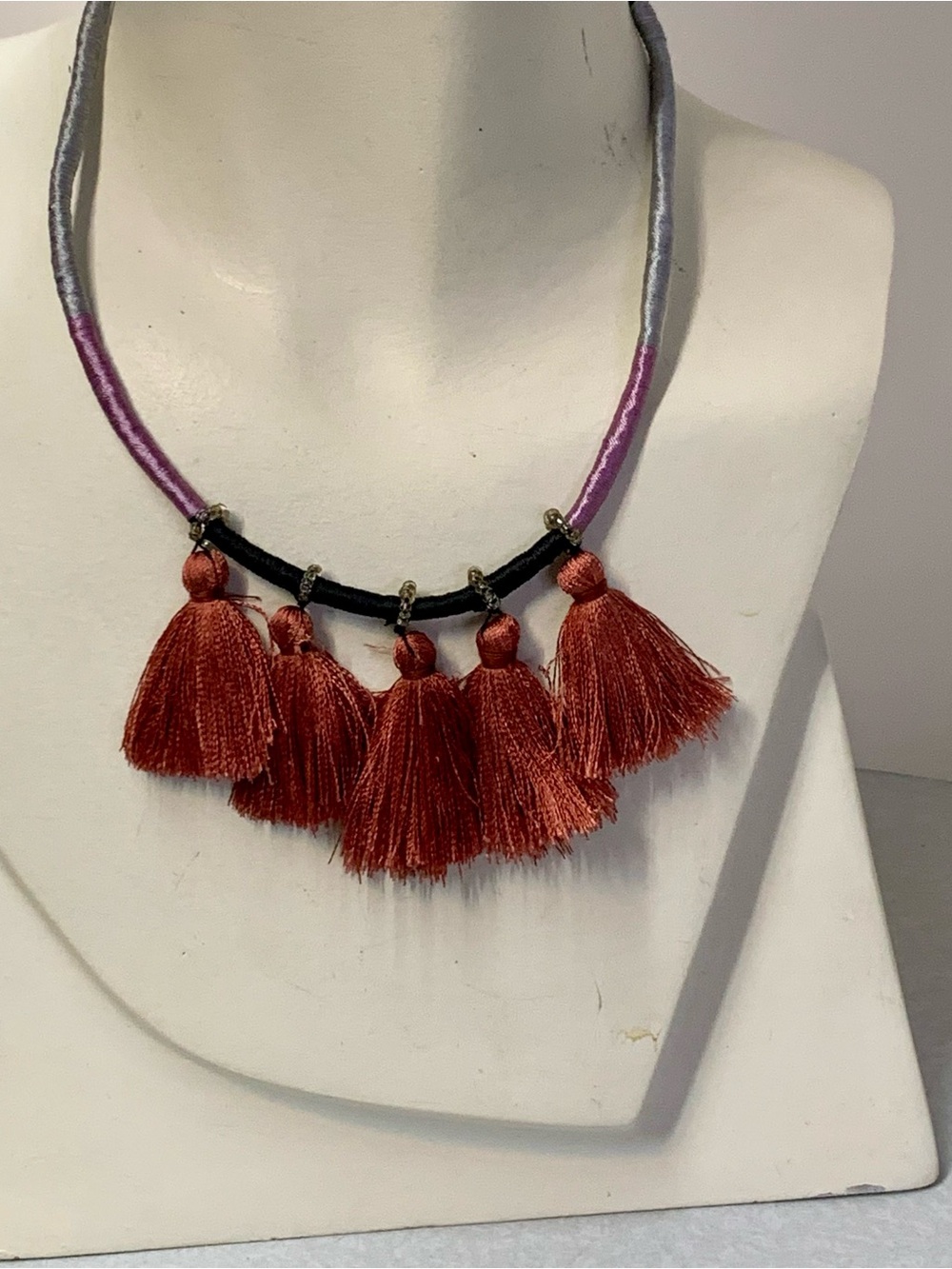 Boho Mauve Pink Thread Tassel Statement Cord Choker Necklace 18 Inch